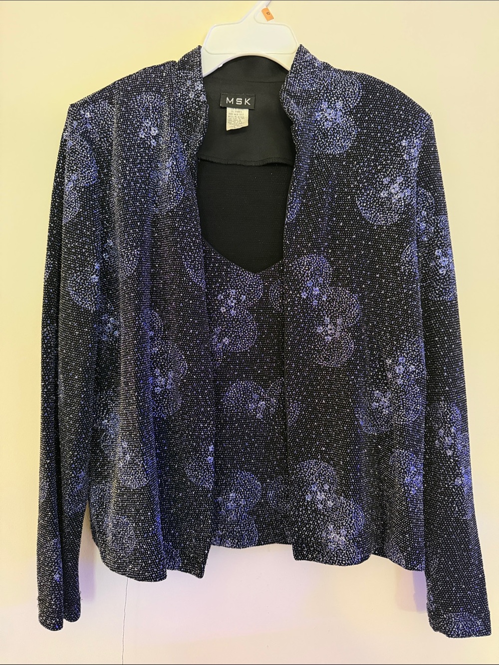 MSK Black with Blue Floral Sparkle Open-Front Jacket
